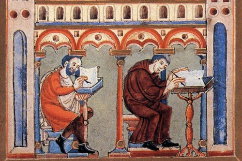 Zwei Mönche im Scriptorium